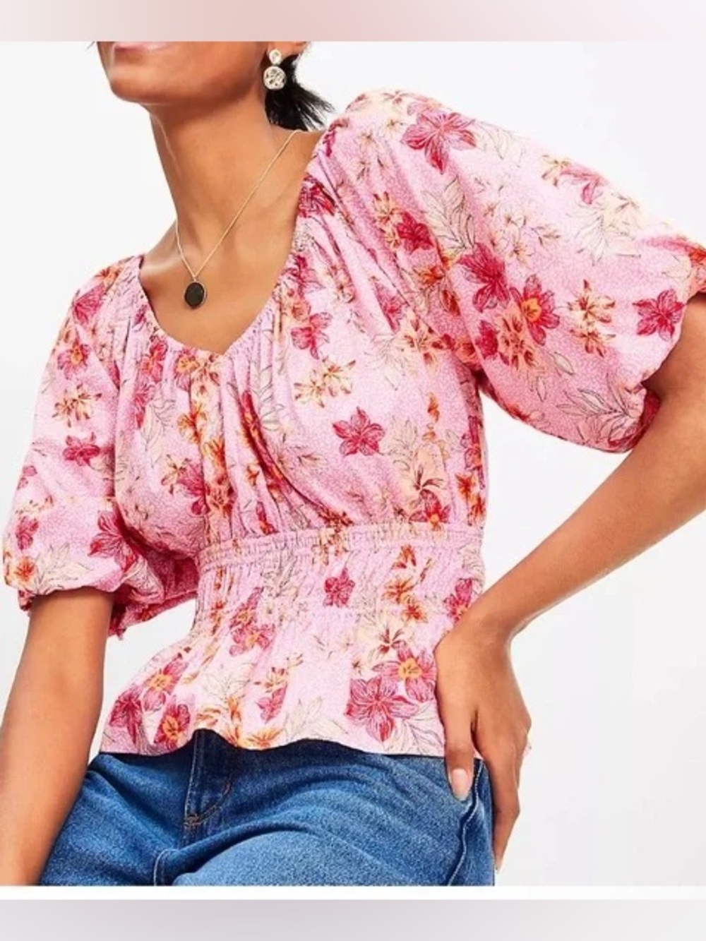 LOFT Pink Floral Puff Sleeve Blouse Smocked Waist Size Large Feminine